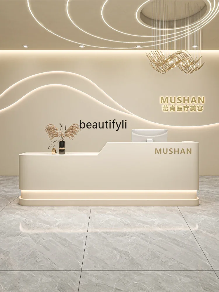 Modern Simple Arc Paint Bar Counter Company Front Desk Stomatological Hospital Reception Desk Beauty Salon Cashier