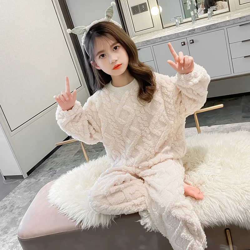 

Teenage Children's Autumn Winter Pajamas Little Girl Cute Coral Fleece Plus Velvet Thickening Home Service Comfortable Warm Suit