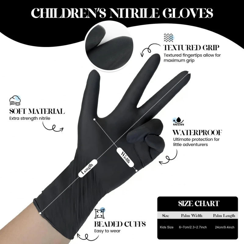 Kids Disposable Nitrile Gloves for 6-15 Years XSmall Black Latex Powder Free Cleaning Gloves for Child Painting Crafting Playing