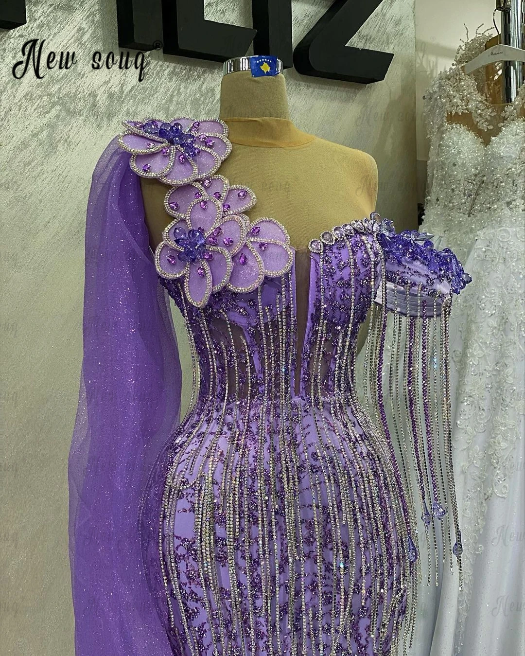 Vestido de festa lilás feminino, Borla prateada, Flores 3D, Vestidos de baile formal para casamento, Personalizado, Sereia, vestido de noite frisado, 2023, 2023