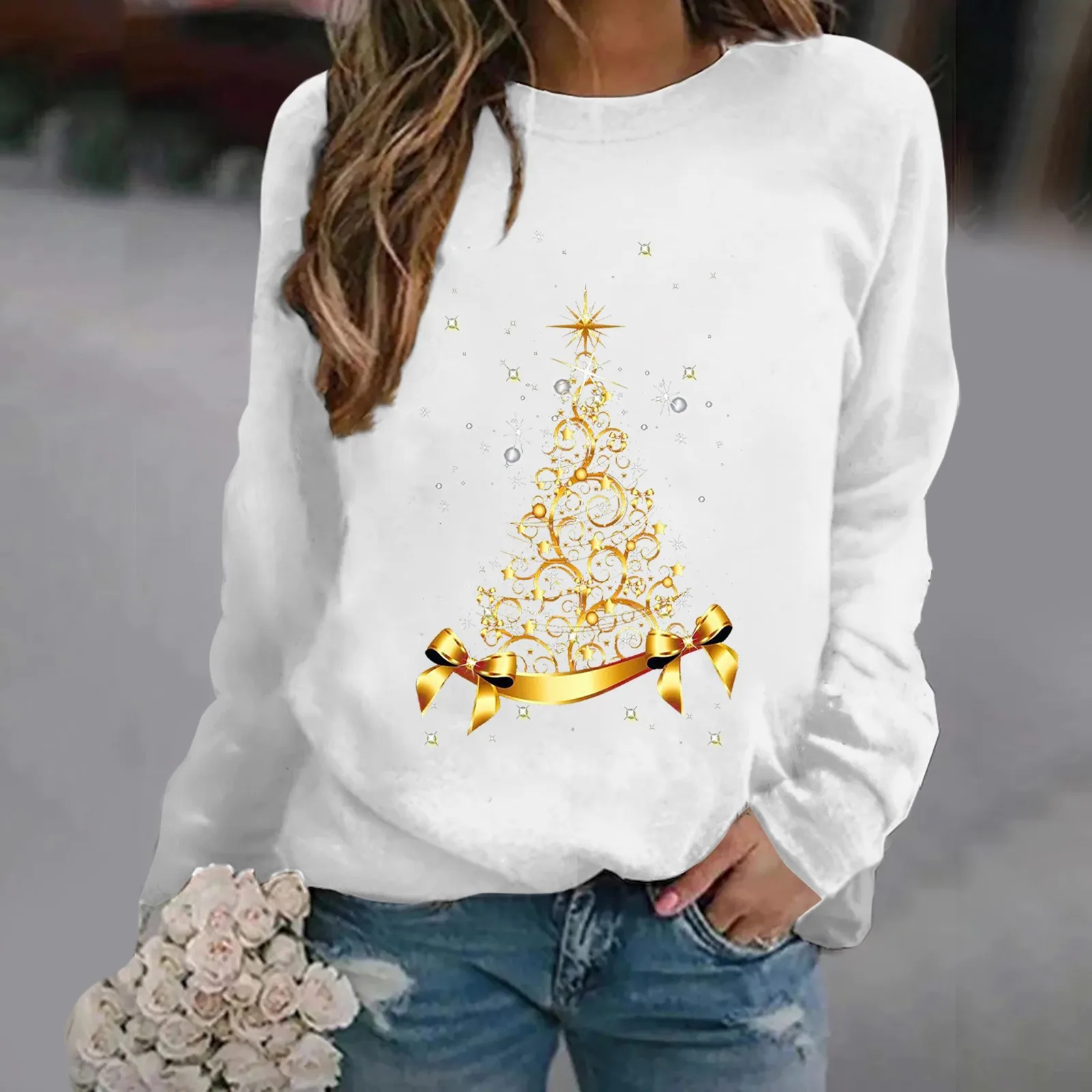 2024 Women'S Warm Round Neck Long Sleeved Solid Golden Christmas Treeprinted Hoodie Comfortable Everyday Sweatshirt