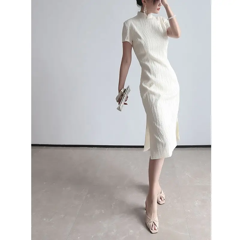 Qipao chino de manga corta, elegante, vintage, blanco, novedad de 2024