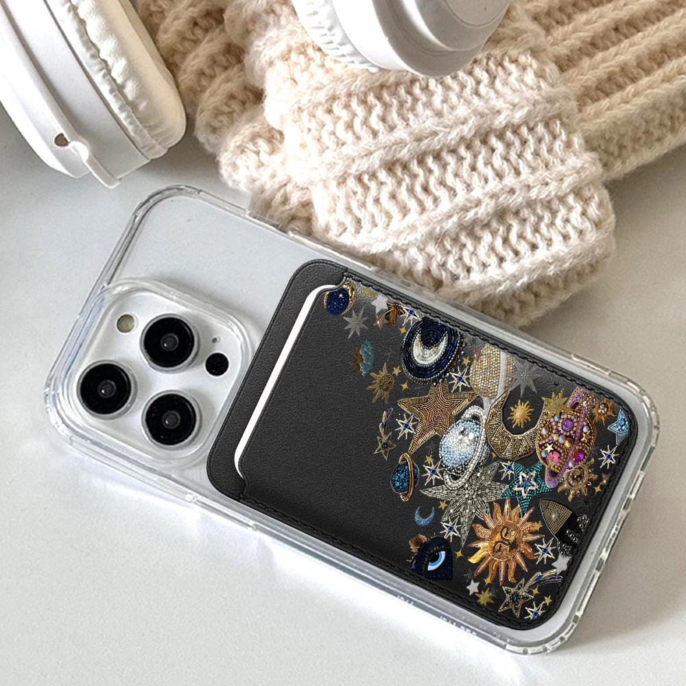 Golden Stars Moon Y2K Leder-Kartenetui Handyhülle Kartenhalter Magnetische Hülle Geeignet für alle iPhones mit Magsafe-Kartenfunktion – Detail 7