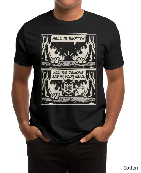 

Dark Humor Retro Comic Cotton Crew Neck T Shirt Featuring A Two - Panel Comic Design with The Phrases Hell Is Empty!! Tee S-4XL