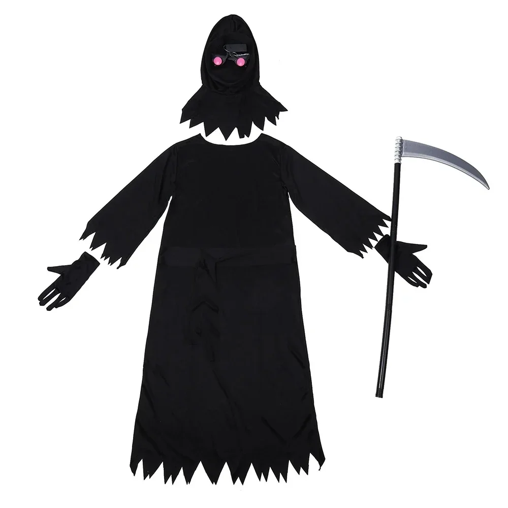 Sydanne Kids Horror Death Dress Jumpsuit Red Luminous Glasses Sickle Black Robe Grim Reaper Cosplay Costume Halloween Costume