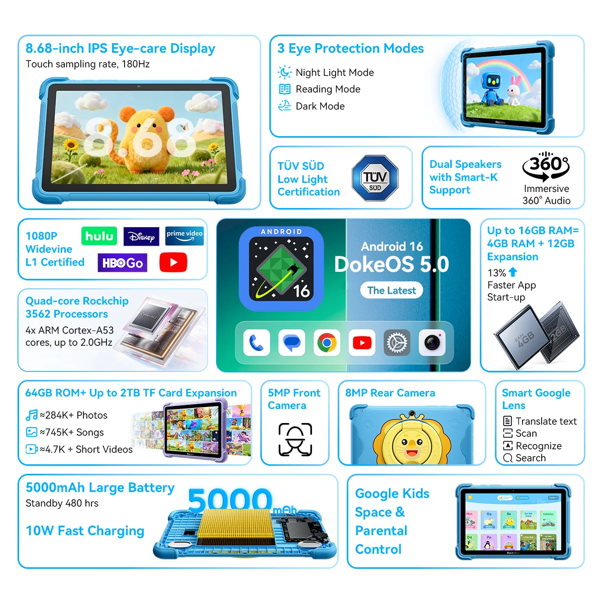 Blackview LINK 1 Kids Tablets 8.68'' HD IPS Display Widevine L1 64GB Android 16 Children's Learning and Play Tablet Pad
