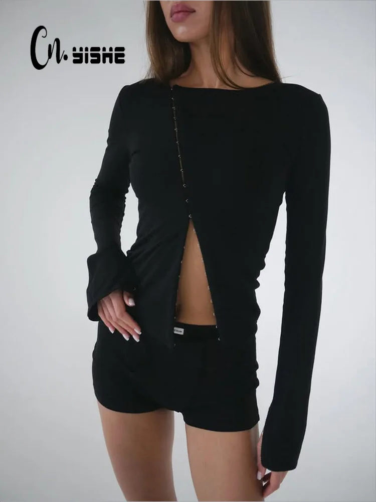 

CNYISHE O Neck Button Women T-Shirts Long Sleeve Casual Solid Hollow Out Autum Fashion Sheath Fitness Female Blouse Tops Tees