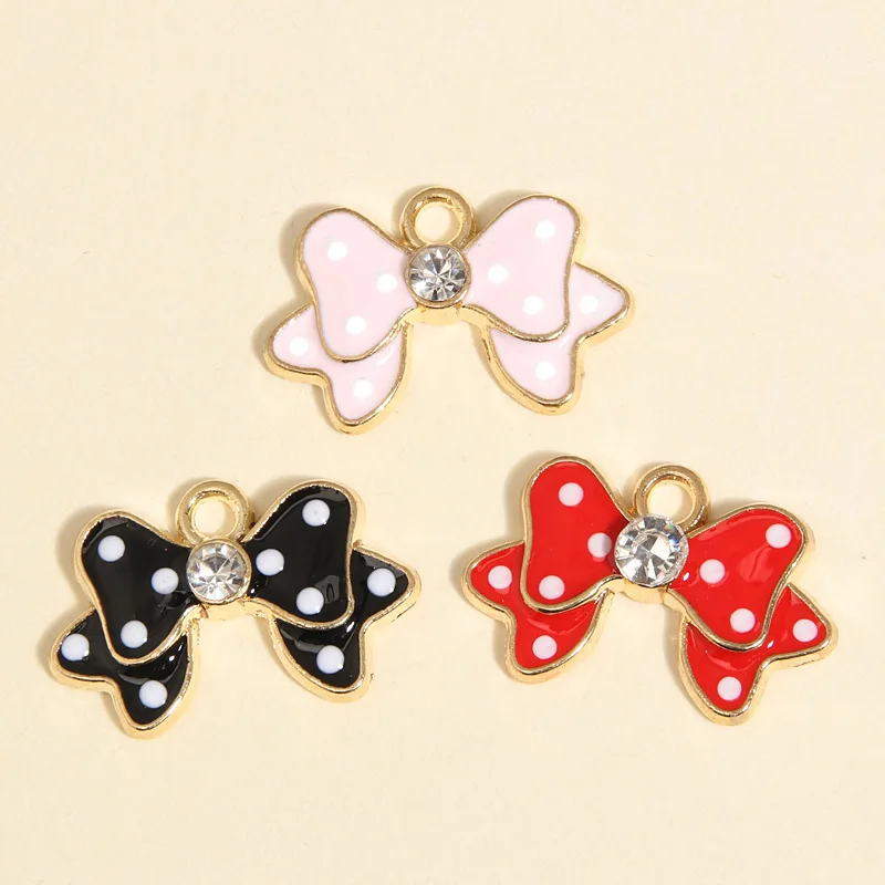 10pcs Gold Color 24x16mm Cute Enamel Bowknot Charms Crystal Pendant Fit Necklaces DIY Handmade Jewelry Making Finding Supplies