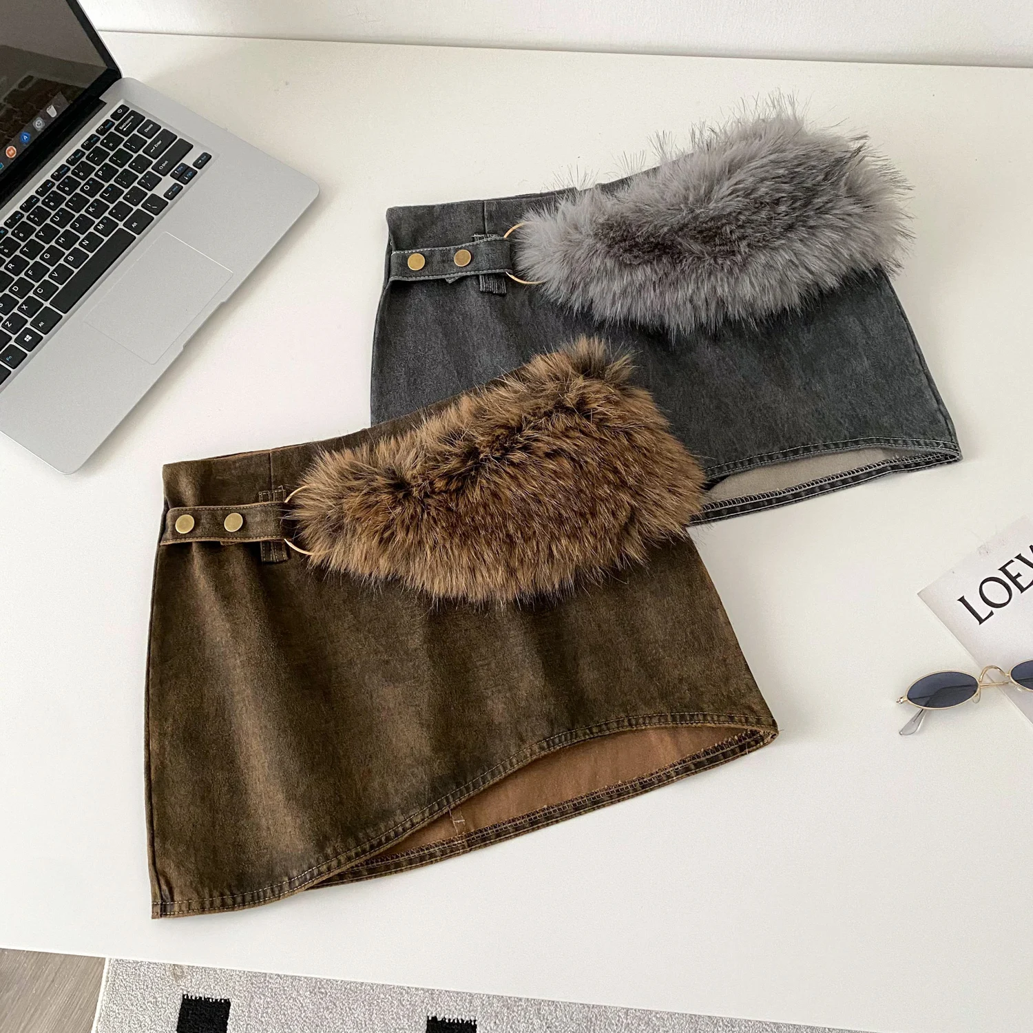 

Clothland Women Stylish Denim Skirts With Under Shorts Skorts Fur Patchwork Low Waist A Line Mini Skirt BA361