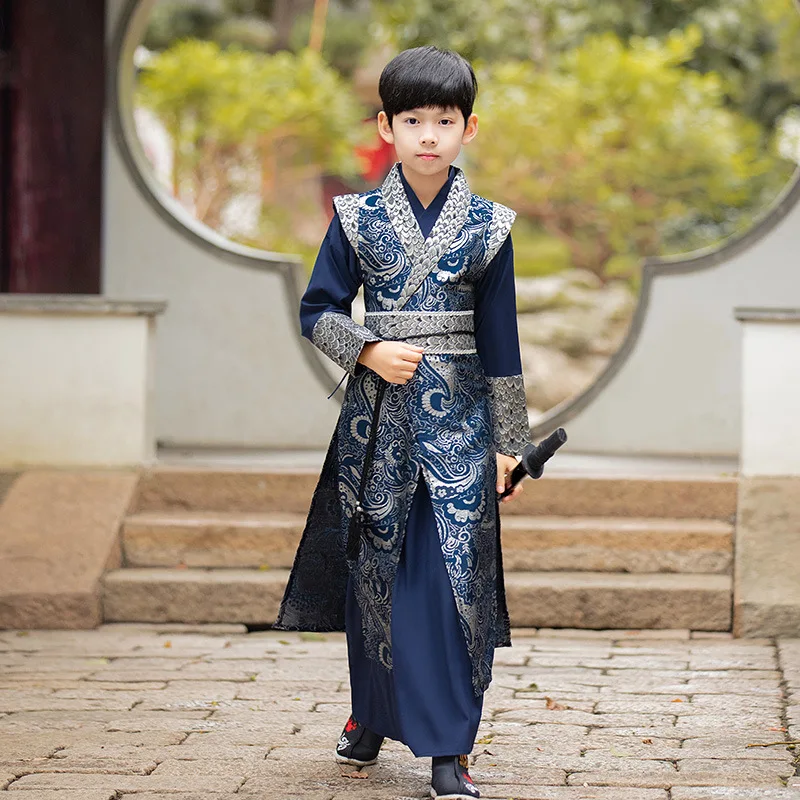 Spring Blue Print Hanfu New Autumn Children Tang Suit for Boys Chinese Style Hanfu Suit Anciwent Martial Arts Costume