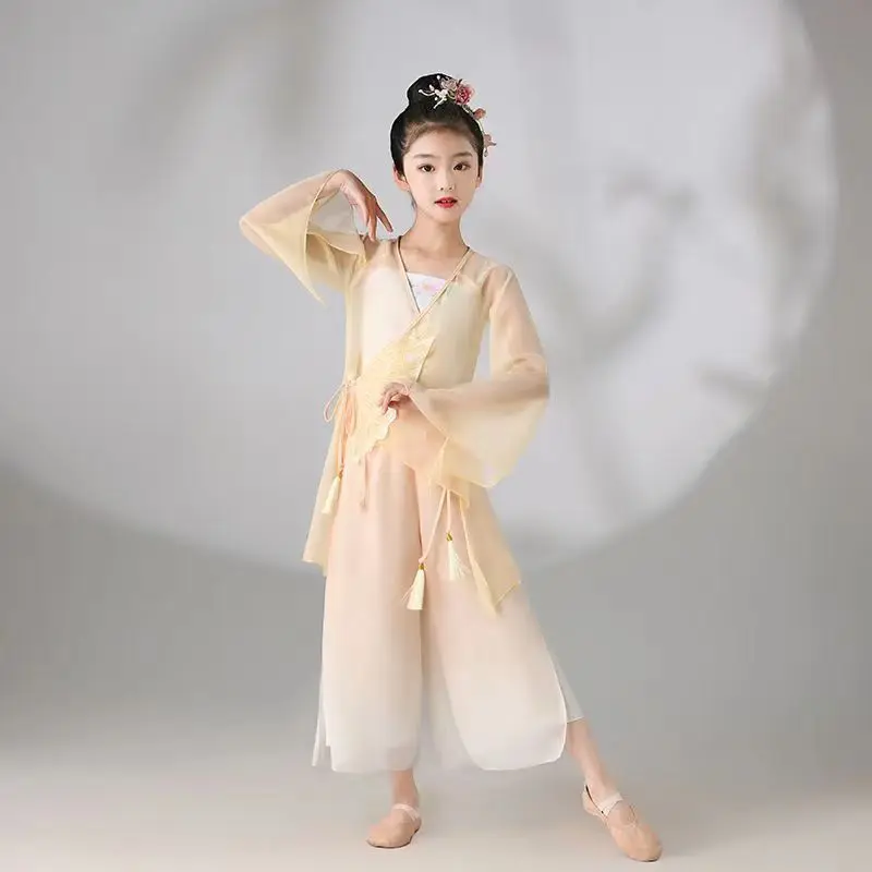 

Kid Girl Classical Dance Clothing Embroidered Gauze Top Bow Lace-up Gradient Split 2-Layer Chiffon Flowing Wide Leg Pants