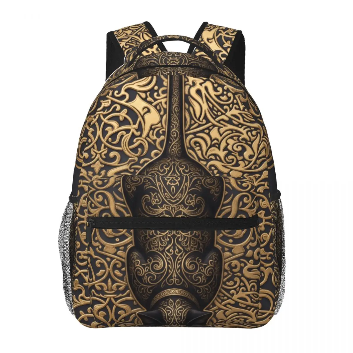 Cartoon Animal School Backpack Center Ornate Cat High End Aesthetic Beige Gold Multi Color Lightweight Daypack for Animal Lovers