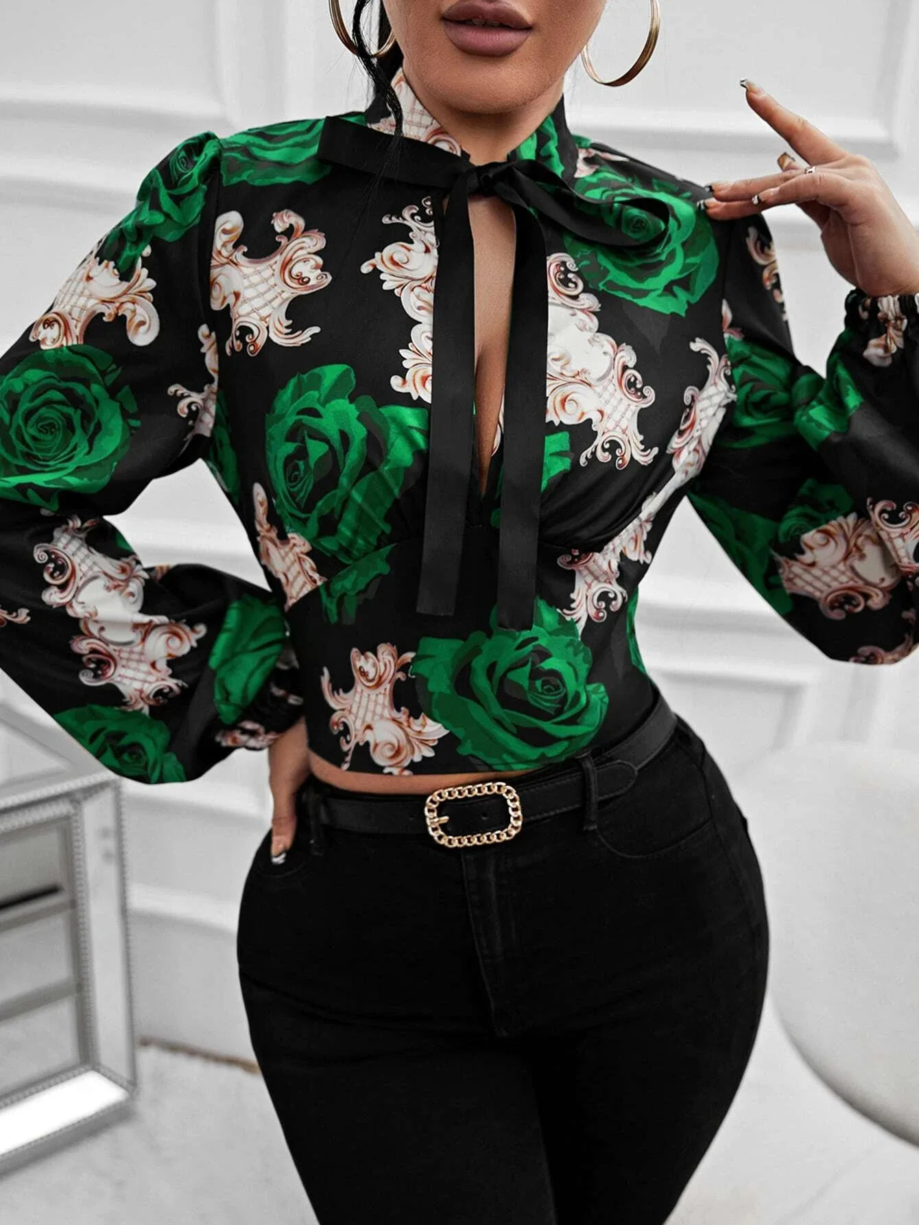 Elegant Women\'s Top Shirt Blouse 2024 Autumn Floral Print Lace Up Fashionable Shirt Camisas E Blusas Топ Жіночний Blusen Damen