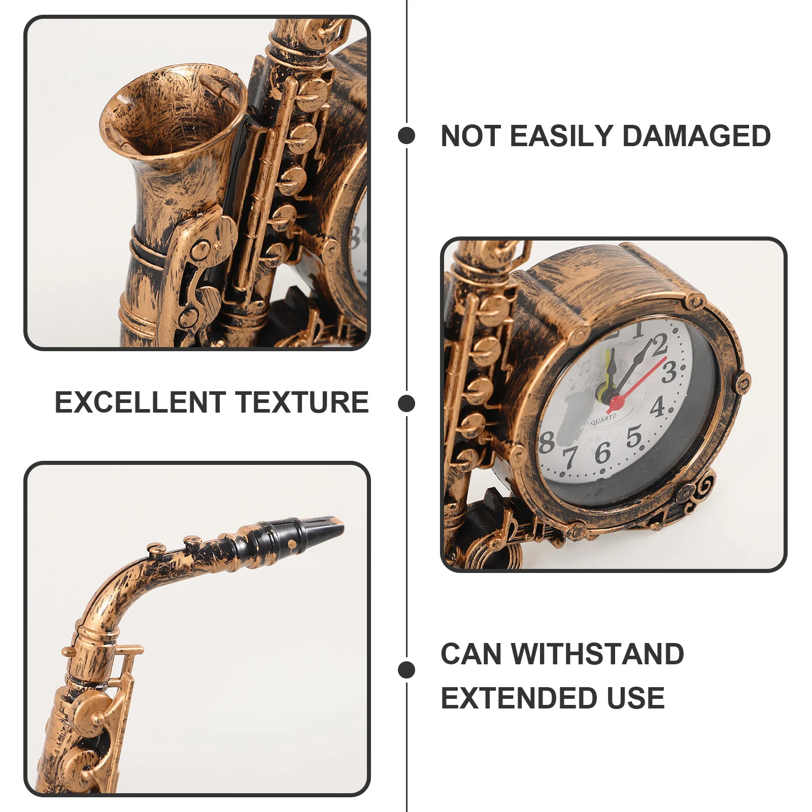 

Saxophone Inspired Alarm Clock Stylish Retro Metal Round Silent Movement Table Clock for Bedroom Living Room Contemporary Decor