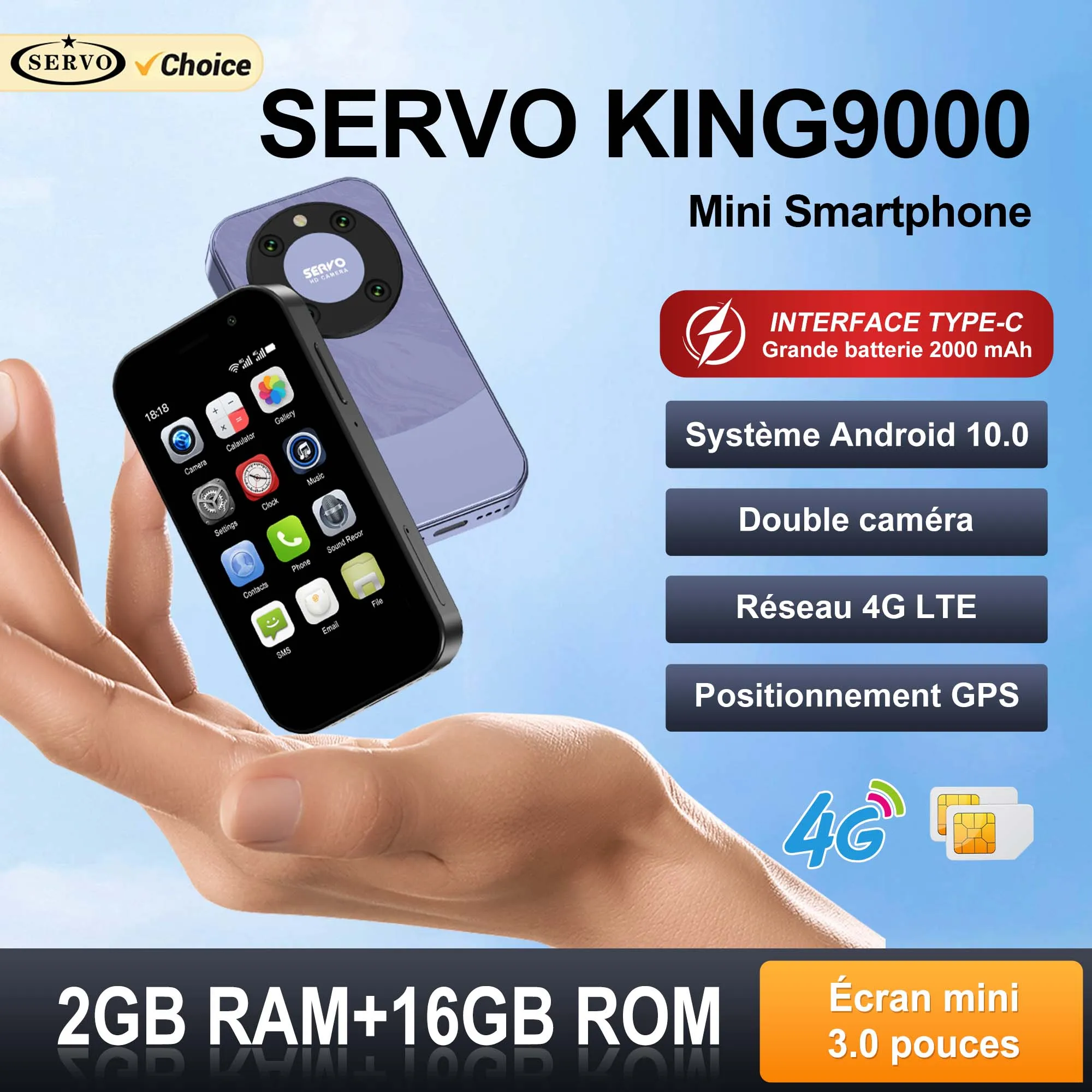 SERVO KING9000 4G LTE Système Android Mini Smartphone Écran 3.0 pouces Double SIM 2 Go + 16 Go WiFi Bluetooth Play Store Déverrouillage Facial Vibration MP3 Lampe Torche Petits Téléphones Portables de Poche
