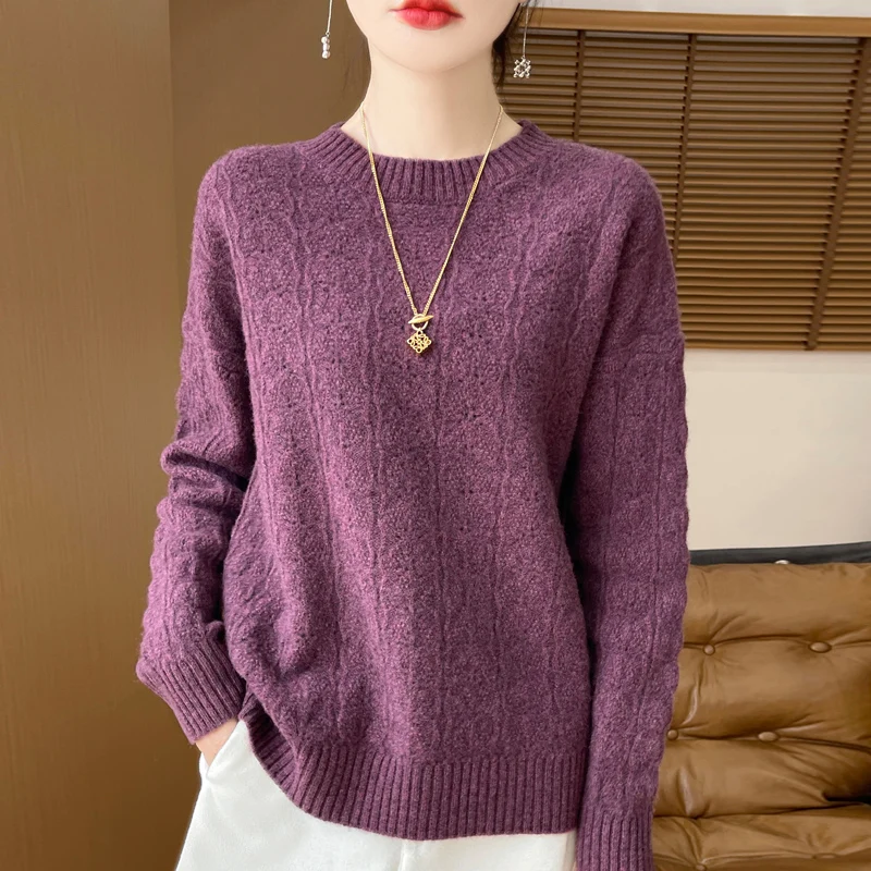 2024 Autumn/Winter New 100% Wool Knitted Sweater Women's Solid Color High end O-neck Pullover Shirt Loose Korean Fashion Top