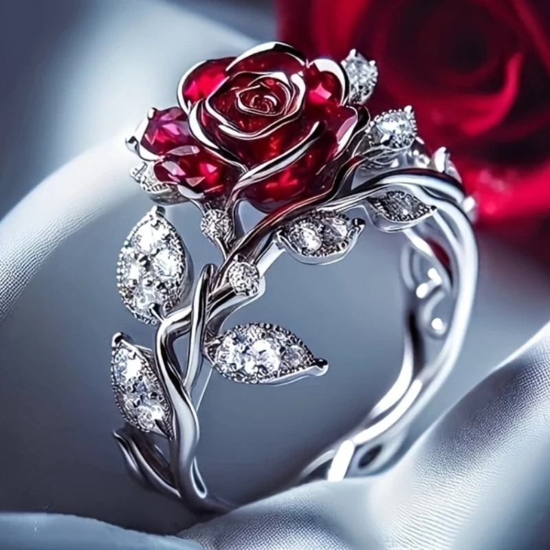 Vintage klassischer roter Rosenring, Damenschmuck, Valentinstag, Jahrestag, Verlobung, Hochzeit, Weihnachten und Weihnachtsgeschenke