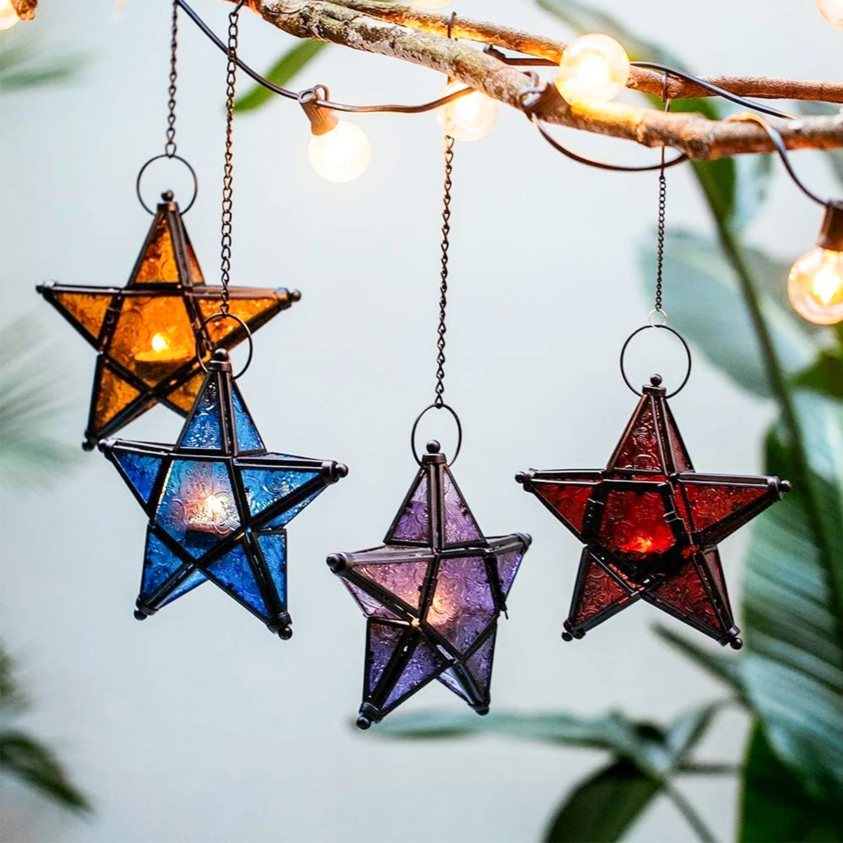 1 peça de ferro forjado vitral estrela de cinco pontas pendurado castiçal, adequado para casa, decoração de restaurante e presente