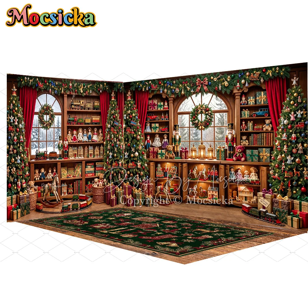 Mocsicka Santa's Workshop Hintergrund für Fotografie, Weihnachtsbaum, Nussknacker, Spielzeug, Geschenk, Holzregal, Hintergrund, Familie, Kind, Fotokabine