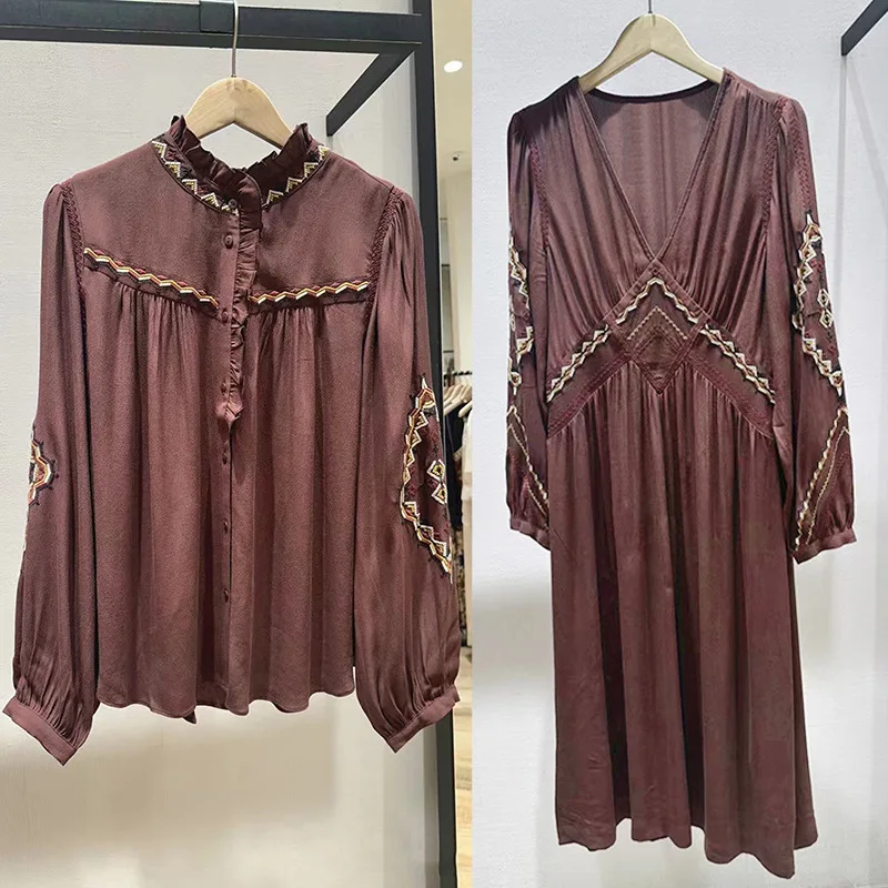 

【Gift Free】2025 Fall Winter Light Luxury Draped Triangle Embroidery Waist-Defined V-Neck Dress with Ruffle Collar Top