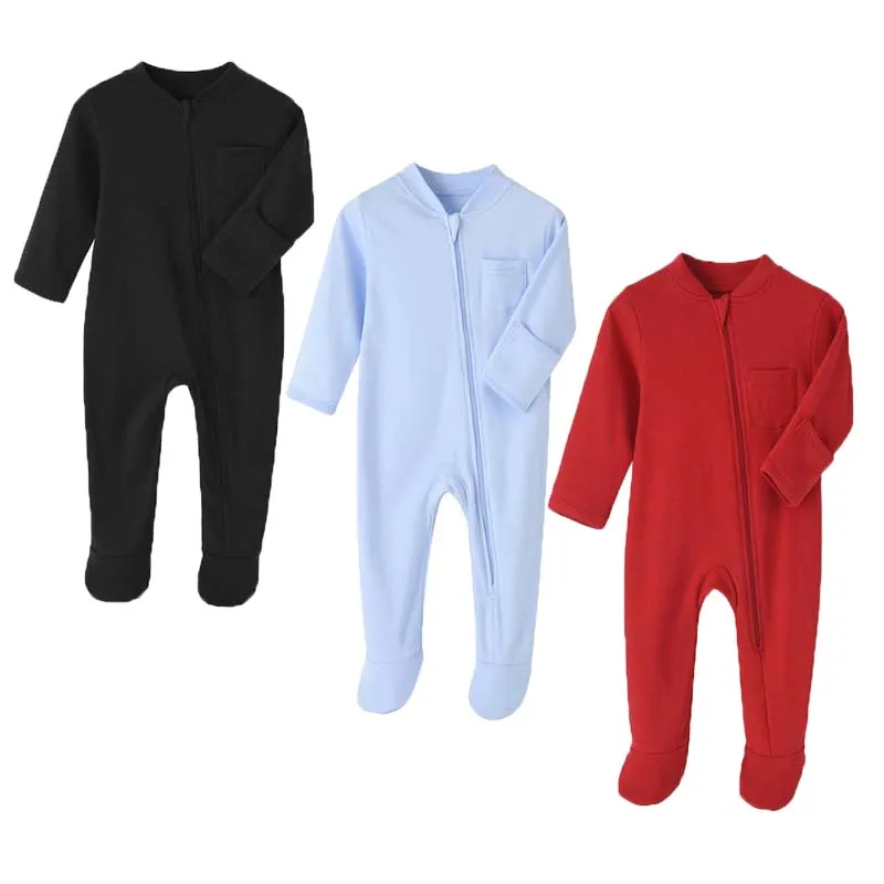 

Baby Boy Girl Clothing 0-12 Months Crawl Suit Cotton Solid Color Long Sleeve Zipper Jumpsuit Foot Binding Bodysuits Newborn Baby