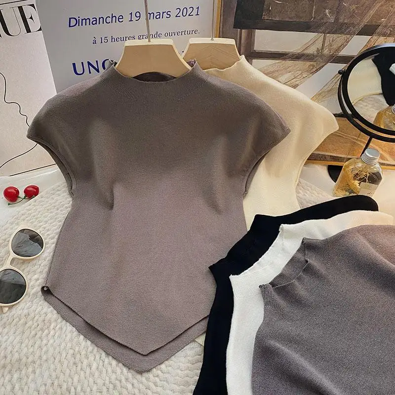 Irregular Cropped Soild Color Short-sleeved Tshirts Knitwear Crop Top Women's Summer 2026 New Slim Half Turtleneck Undershirt