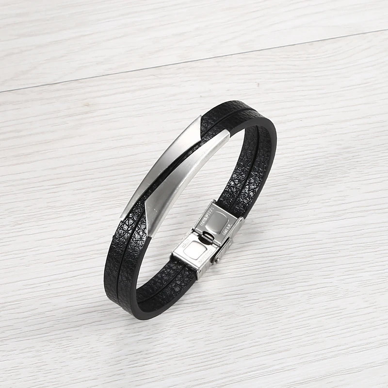 Fashion Stainless Steel Geometric Matte 10mm Leather Bracelet Fashion Simple Adjustable Casual Sports Men\'s Wristband Jewelry