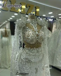 Vestidos De encaje blanco con cristales para celebridades, Vestidos De fiesta De noche De sirena con cuello alto, Vestidos De Gala De engestión árabe