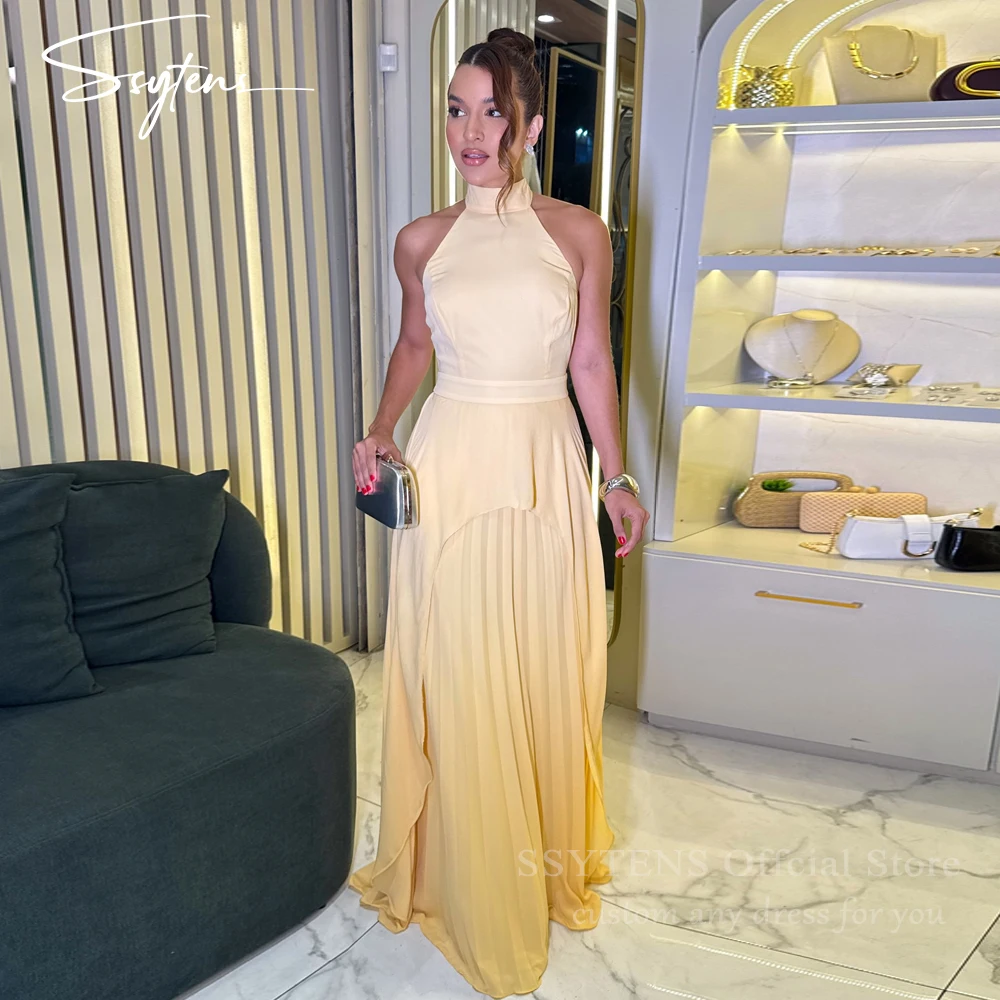 

SSYTENS Yellow Satin Evening Dresses Halter A Line Modern Formal Occasion Dresses Saudi Celebrity Sexy Prom Gowns Customized