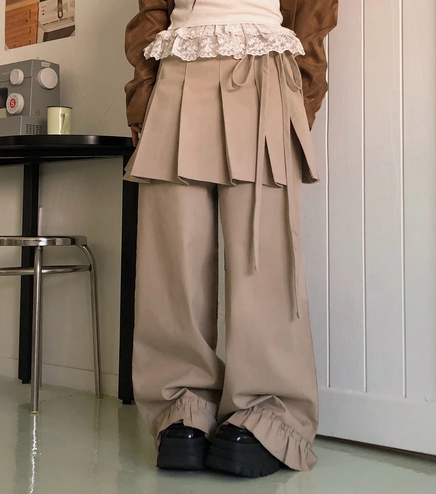 اليابانية خمر الشارع الشهير السراويل فضفاضة للنساء غير النظامية وهمية قطعتين تنورة غير رسمية السراويل Y2k عالية الخصر بنطلون مستقيم