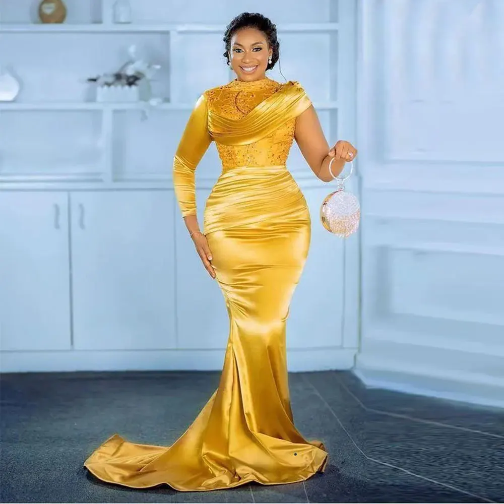 

One Sleeve Long Mermaid Evening Gowns Women Elegant Yellow Satin Sequined Prom Dresses African Formal Occasion Robe De Soiree