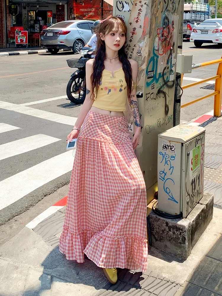 Saliency-Falda Vintage a cuadros rosa Oni de dopamina para mujer, falda por debajo de la rodilla drapeada de cintura alta, paraguas grande, estilo coreano Y2k