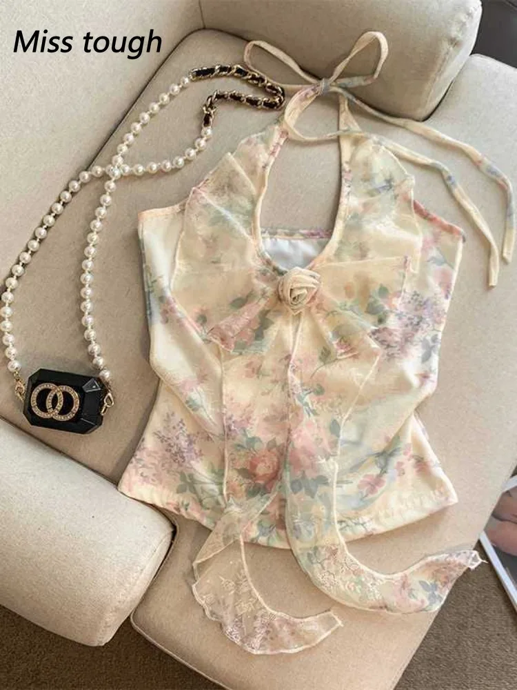 Sommer Floral Neckholder Top Frauen Süße Fee Spitze Schleife Slim Fit Ärmellose Bluse Elegante Nette Mesh Transparente Schicht Hemd Weste