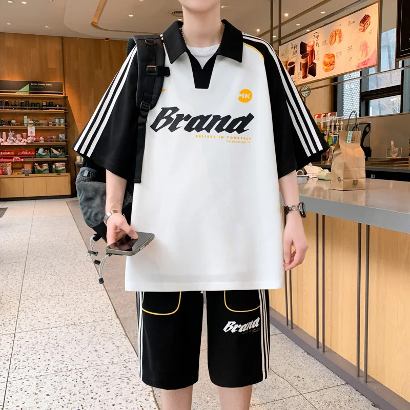 

Летний новый мужской комплект: повседневная спортивная одежда, футболка с коротким рукавом и спортивные шорты для отдыха, молодежный, из полиэстера.