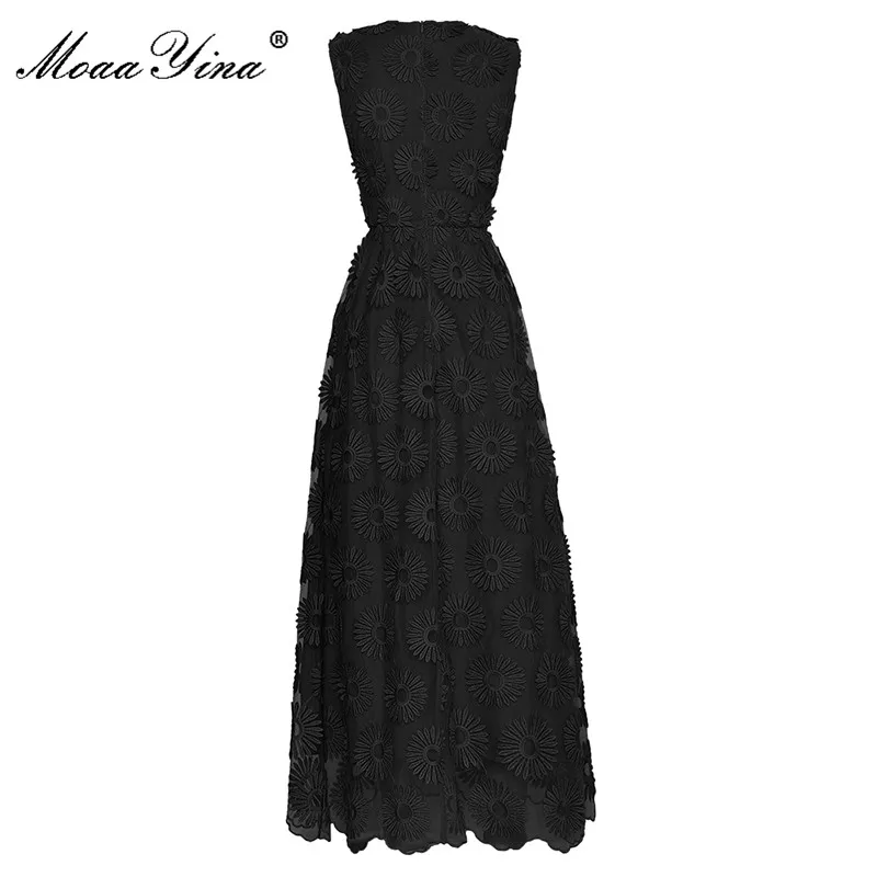 

MoaaYina Fashion Runway dress Summer Women Dress Sleeveless High Waist Mesh Embroidery Vintage Balck Party Dresses