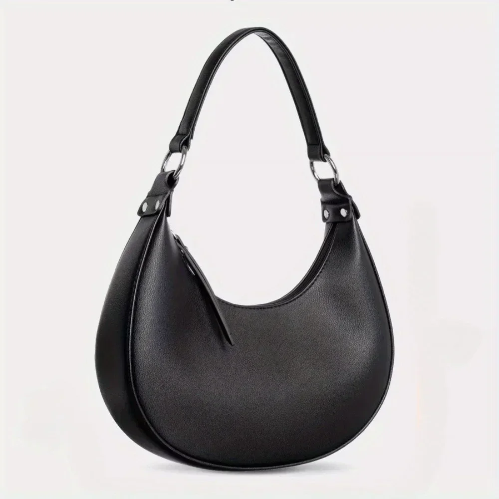 1 حقيبة كتف أنيقة من الجلد الصناعي، مناسبة للنساء، حقيبة إبط نصف دائرية بلون سادة مع سحاب للإغلاق