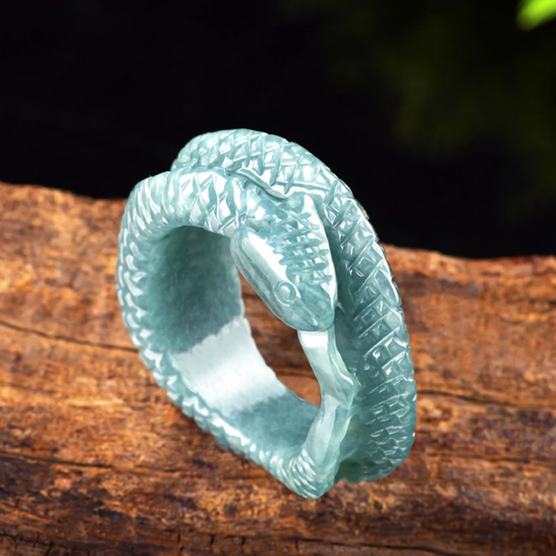 

Jia Le/ Natural Hand-carved Jade Blue Water Emerald Three-dimensional Carved Spirit Snake Ring Men and Women Couple Jewelry Gift