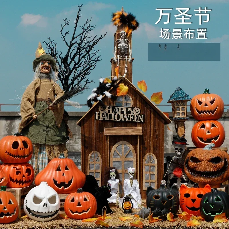 

Halloween jack-o-lantern castle decoration scene arrangement large hotel shopping mall bar haunted house ornament beautiful dres