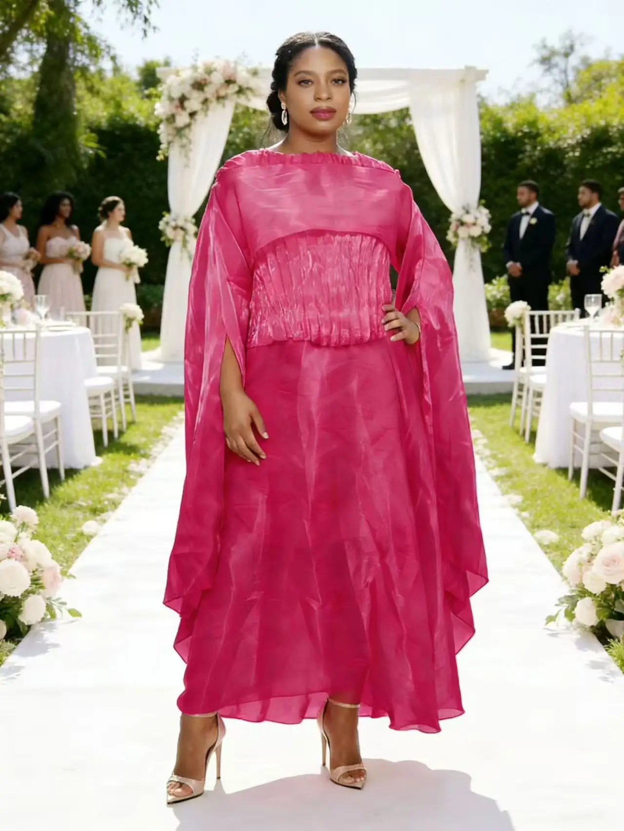 

Новый комплект женской одежды Miyake 2026: Прозрачный сетчатый шаль-накидка, длинный рукав, кейп, для подиума и свадьбы