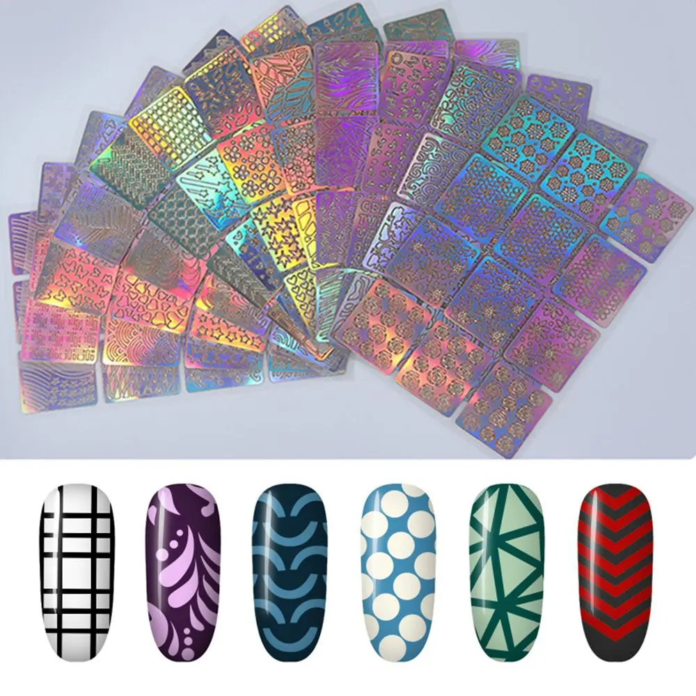 Laser Nail Art Hollow Stickers Decals Decorations 3D Irregular Pattern Transfer Guide Stencil Set  24 Sheets