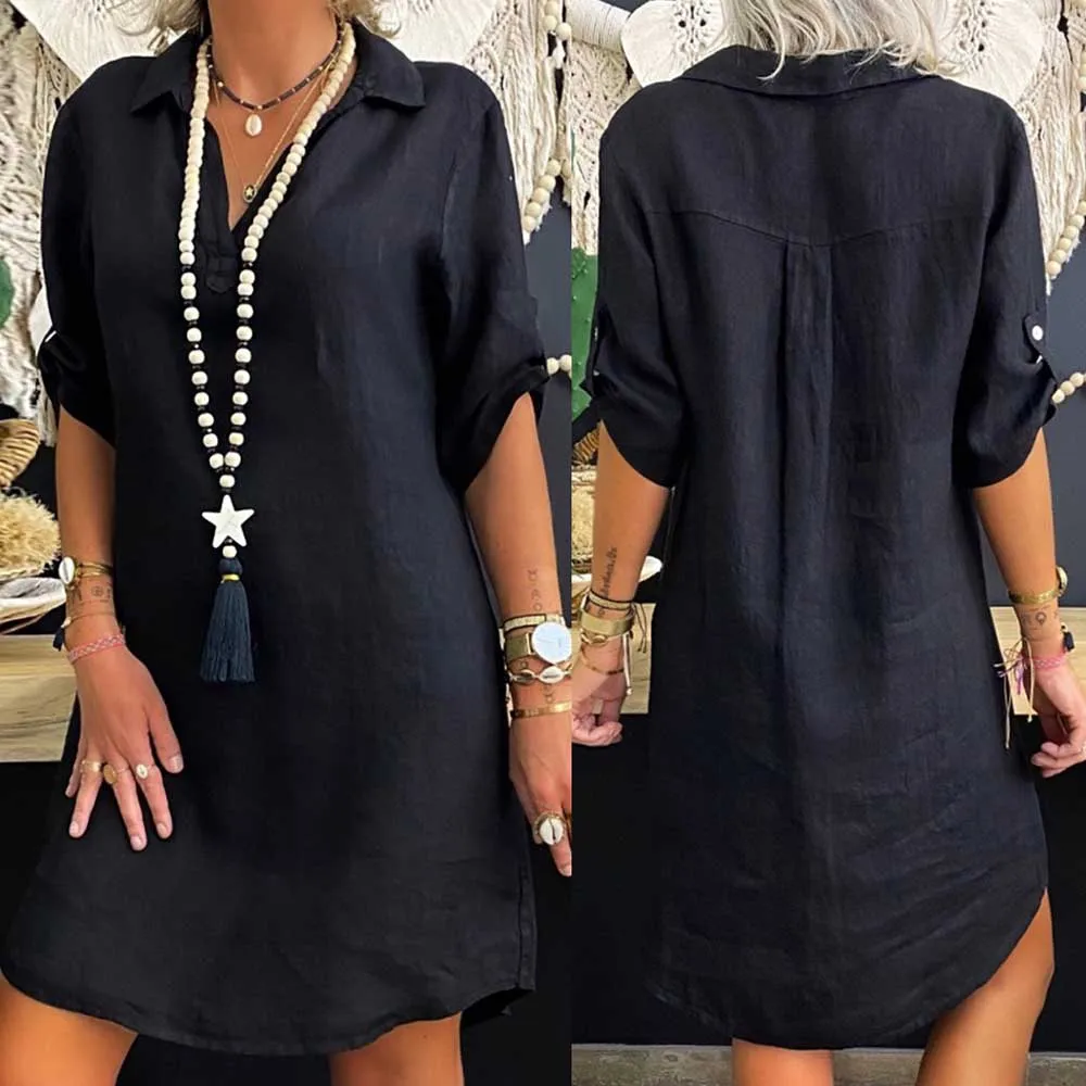 Cotton Linen OL Blouse Dress Vintage  Casual Turn Down Collar Short Sleeve Loose Solid Mini Dresses Female Vestidos FYY1062