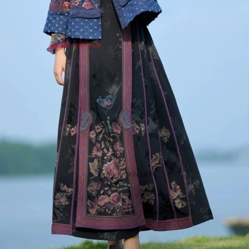 2024 chinese traditional skirt national flower embroidery satin jacquard skirt vintage elastic waist a-line horse-face skirt