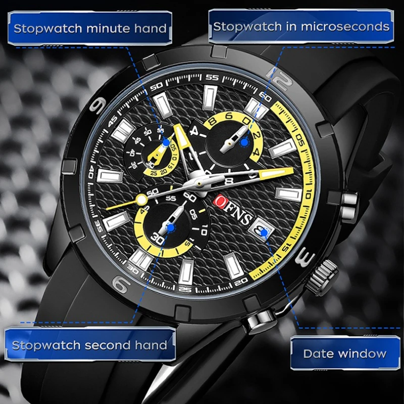 OFNS 8039 Fashionable Men Watch with Three Eyes Six Needles Multi Functional Timing Calendar Silicone Quartz Watches for Man