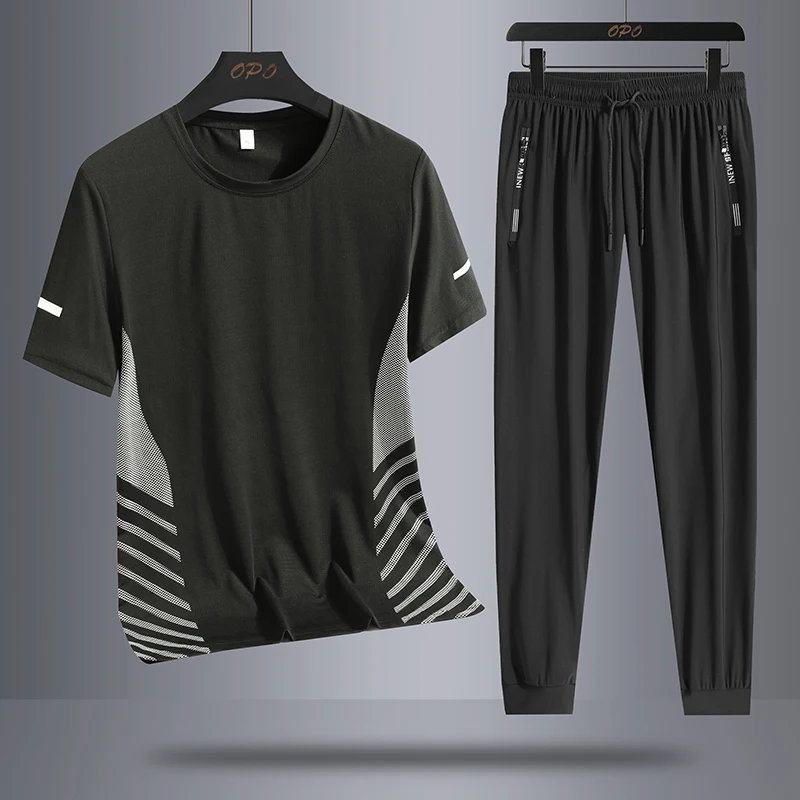 Summer round neck ice silk short sleeved T-shirt and pants sports set, quick drying, sweat absorption, and running two-piece set