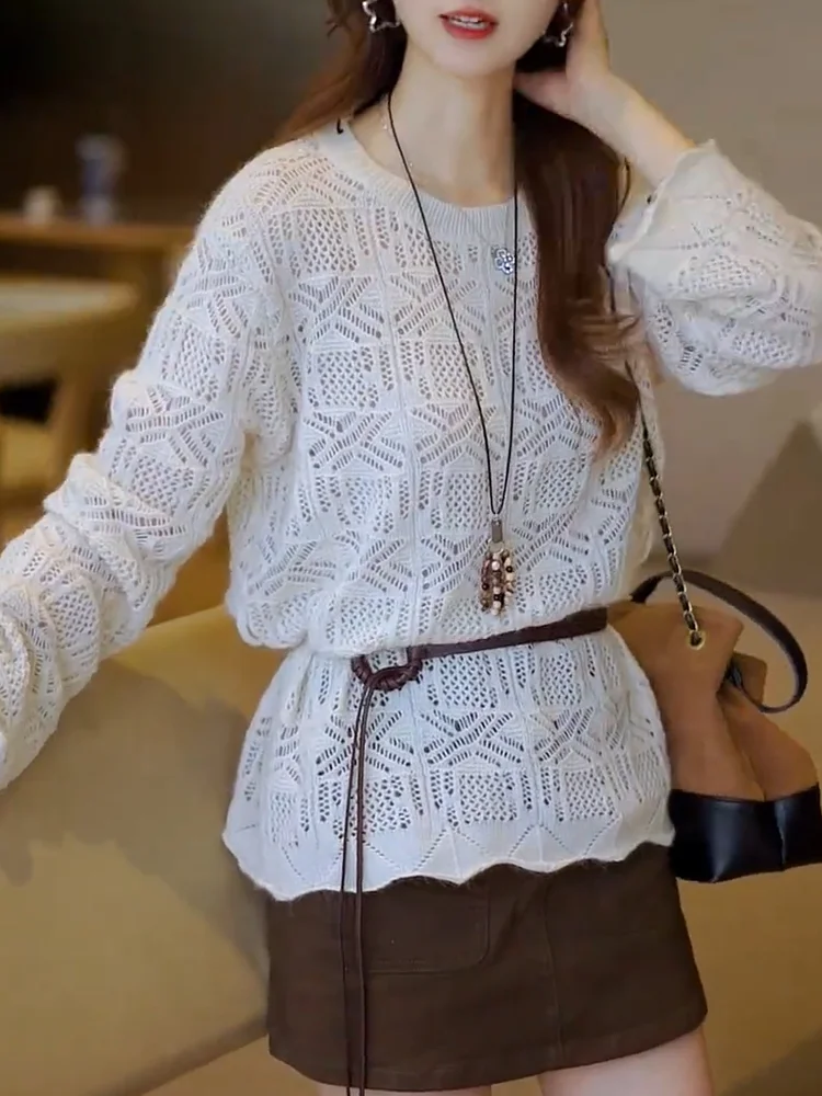 

Ele Hollow out Knitwear Casual Sle Women's Faionable plus Size Slimming Top for Autumn Season Korean Version