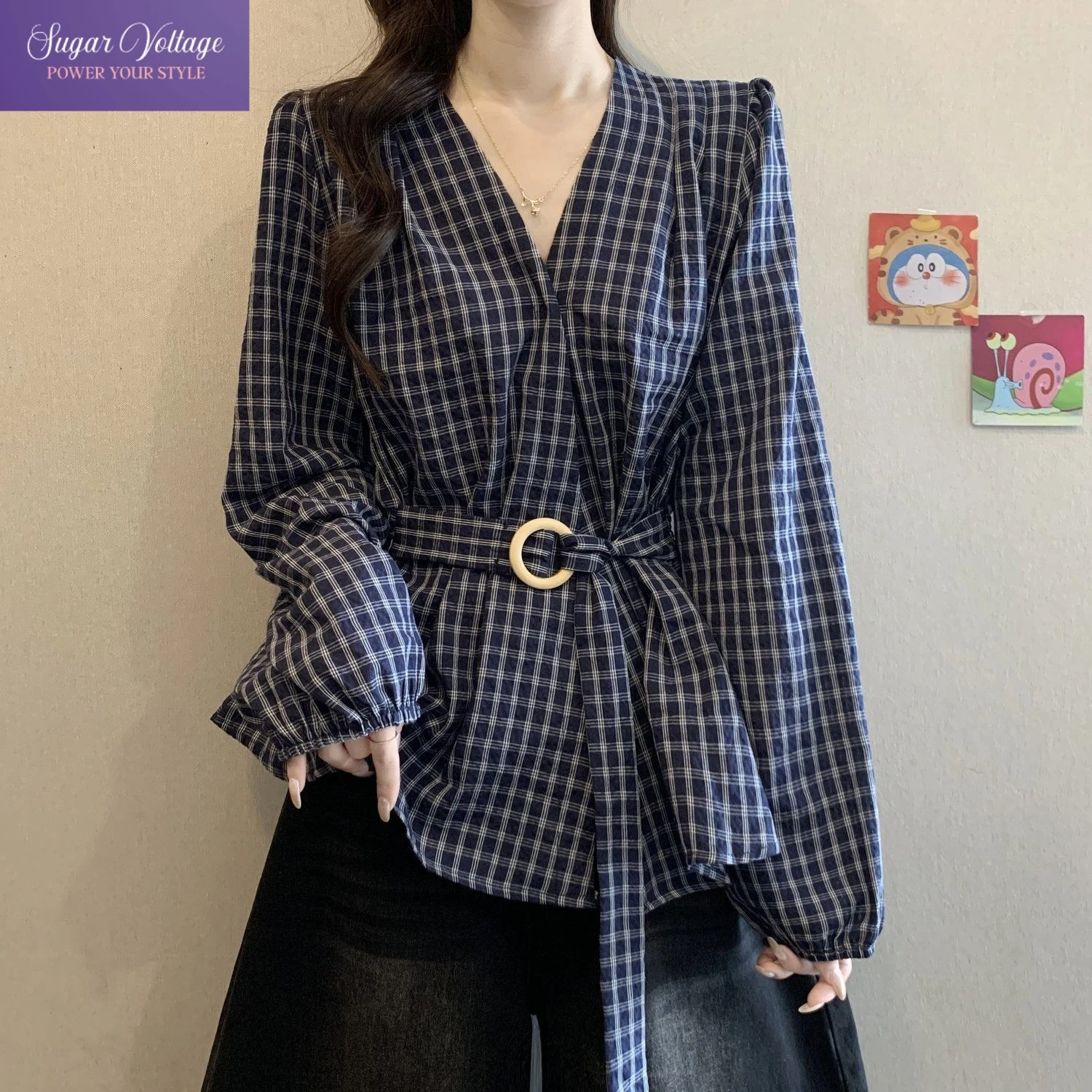 

Винтажная клетчатая блузка с v-образным вырезом, женская рубашка больших размеров с длинным рукавом, облегающие топы с высокой талией, элегантный повседневный стиль ретро, весна-осень