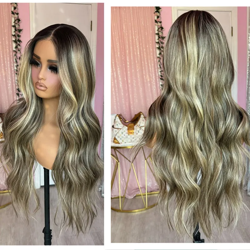 Synthetische Haare, dunkles Aschblond, braune Karamell-Highlights, farbige Lace-Front-Perücke, hochdichte Perücke für Frauen, verwenden Sie Balayage-Vollperücke