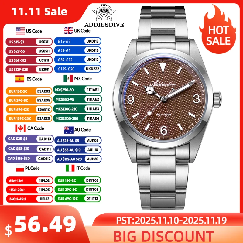 

ADDIESDIVE Men's 36MM Quartz Waterproof Watches VH Scanning Second Super Luminous Bubble Mirror Glass Fashion Steel Man Watch