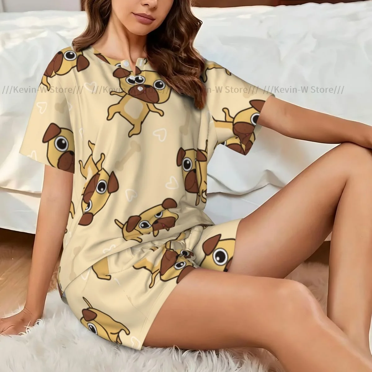 

Women Pajamas Set Pug Dog Pattern Homewear Two-Piece Short-Sleeved Short