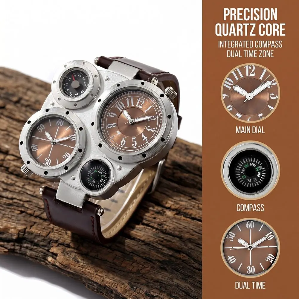 

PU Leather Strap Big Face Watches Large Dial Leather Strap Quartz Watch Compass Decoration Luminous Dual Time Zone Watch Men